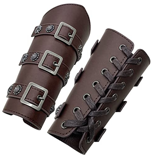 HiiFeuer Medieval PU Leather Buckle Arm Bracers, Knight LARP Retro Renaissance Arm Guards, One Size One Pair (Dark Brown)