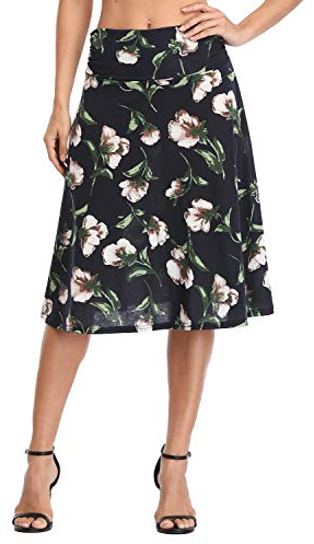 Urban Coco Women's Ruched High Waist Knee Length Jersey A-Line Stretchy Flared Casual Skirt, # 4, M