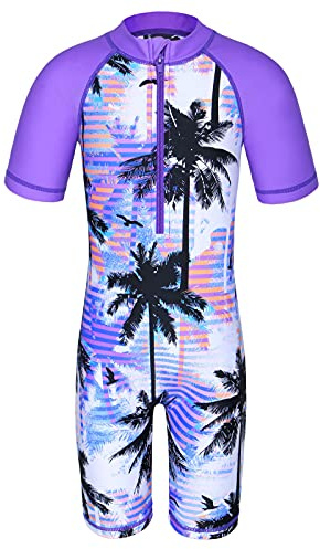 HUAANIUE Long Swimsuit Girls Swimming 1pcs Swimwear UPF 50+ UV Sunsuit with Zipper 4-12Y Summer Swimming Sportswear(PurpleTree,14A)
