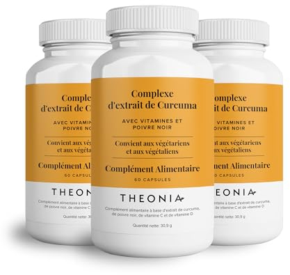 Theonia Kurkuma-Extrakt Complex Vitamin D3 & C, Schwarzer Pfeffer - Unterstützt bei Muskel- und Gelenkentlastung, gesunden Knochen, Stress, DNA-Schutz - 180 Kapseln - 200mg, Vegan