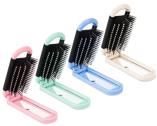 4 PCS Foldable Brush with Mirror Compact, Portable Travel Hair Brush Pocket Size Anti-static Mini Hairbrush Small Compact Massage Comb Hair Styling Tools for Women Girls Home Travel Gym Purse