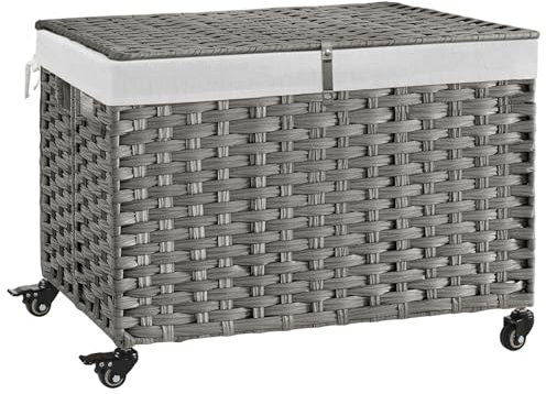 Rolling Storage Basket with Lid, 47.6 Gallon (180L) Storage Bin with Wheels, Woven Rattan Blanket Storage Basket with Handles, Foldable, Metal Frame, Removable Liner for Bedroom, Laundry Room, Grey