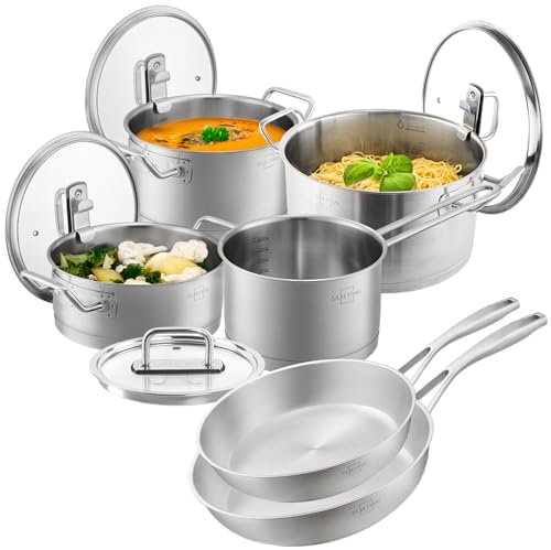 SILBERTHAL Set Ollas 16/20/24 y Sartenes 24/28 cm Inox - Sin Antiad. | Cazuelas 16, 20, 24 cm y sartenes 24, 28 cm - Acero inox sin antiadherente - Para todas las cocinas - Gran capacidad