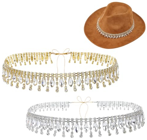 SUPERFINDINGS 2 Stück Rhinestone Cowboy Hut Band 116 cm Einstellbar Western Diamant Bling Hut Gürtel mit Gewachster Polyester Kordel Cowboy Hüte Stil Hutbänder für Cowboys Westerns Krempen Hüte