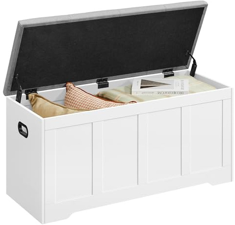 VASAGLE Truhe mit Deckel, Truhenbank mit Stauraum, 41 x 101 x 49 cm | Schuhbank, 2 Sicherheitsscharniere, traditioneller Stil, wolkenweiss-taubengrau, SIREN Kollektion LSB068W101