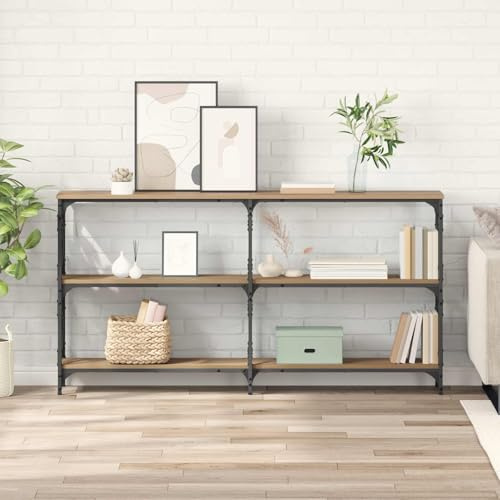 Vanitopaz Mesa consola de madera de roble Artisan, 156 x 28 x 80,5 cm, con 3 estantes, patas de metal, espacio de almacenamiento, mesa auxiliar estrecha para pasillo, salón, dormitorio, diseño moderno