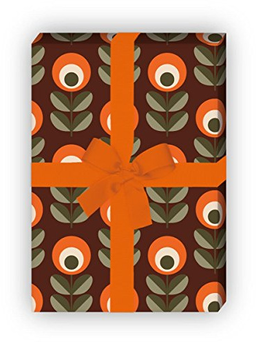 Schickes Retro Blumen Geschenkpapier im 70er Jahre Stil als edle Geschenk Verpackung und Überraschungen (4 Bogen, 32 x 48cm), orange braun