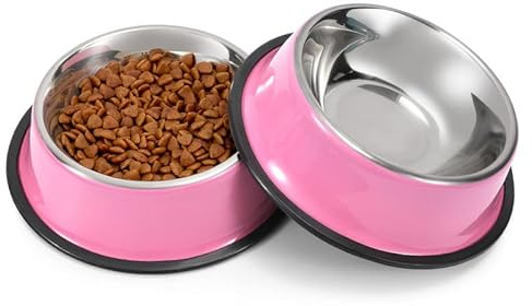 WERFORU 2 Pieces Dog Bowls Stainless Steel Dog Cat Pet Bowls for Feeding Water and Food Pink Medium Size