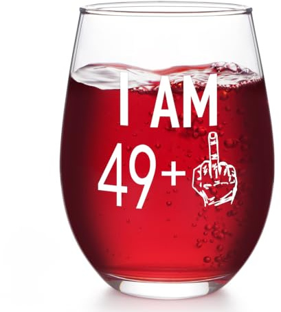 Livole Bicchiere da vino per il 50° compleanno da donna, 450 ml, senza stelo 49+, bicchiere da vino unico e divertente infrangibile per lei, migliore amica che compie 50 anni, decorazione per feste