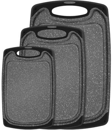SHURFFY Chopping Board Set of 3, Small to Large, Chopping Boards for Kitchens with Non-Slip Feet and Deep Drip Juice Groove, Easy Grip Handle, BPA Free, Dishwasher Safe Cutting Board (Black)
