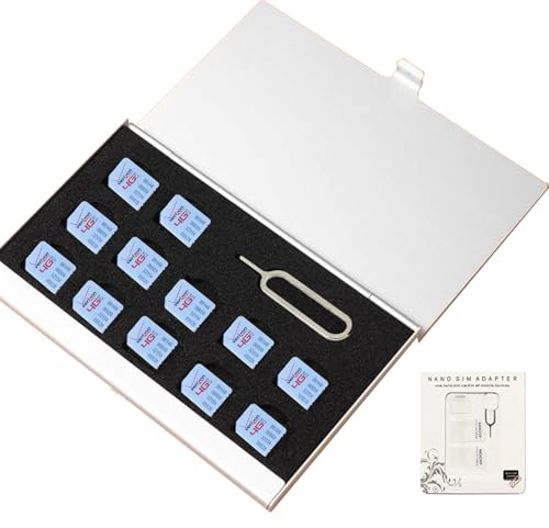Aluminum SIM Card Case, 12 Slots Ultrathin Nano SIM Card Holder with SIM Card Adapter Kit for Travelers or Holiday Trip (Silver)