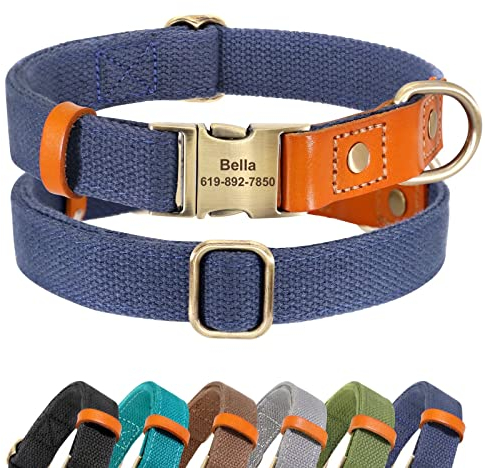 Didog Personalisierte Hundehalsbänder für kleine, mittelgroße und große Hunde, langlebige Hundehalsbänder, verstellbar mit gravierter Metallschnalle, marineblau, Größe L
