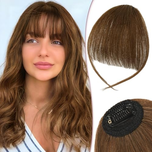 RUWISS Fransen Clip Echthaar Natürliche Pony Front Extensions 100% Echthaar Bangs Hair Clip Pony Haarteile für Damen (Mittelbraun)