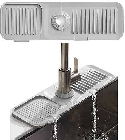 Jastown 45*15cm Tapis de Robinet en Silicone, Tapis de Séchage pour Evier Cuisine, Protection du Robinet Tapis d'Égouttage,Attrape-Éclaboussures, Accessoire pour Cuisine et Salle de Bain (gris clair)