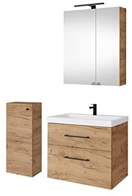 Planetmöbel Badmöbel Set Waschtisch mit Unterschrank 63 x 60 x 36,5 cm, Spiegelschrank 60 cm mit LED-Leuchte (schwarz matt) & Steckdose, inkl. Midischrank, Moderne Badezimmer Möbel, Gold Eiche