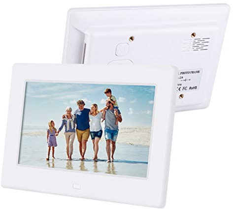 Marco de Fotos Digital 7 Pulgadas 1024 * 600HD Marco de Fotos Digital Reloj Despertador Control de álbum Fácil de Compartir Fotos o Videos (Blanco)
