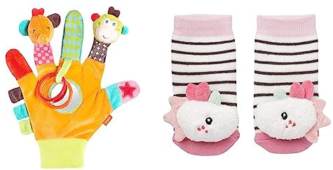 Fehn Spielhandschuh Safari – Fingerpuppen Baby Spielzeug AFFE und Elefant & Rasselsocken Baby Einhorn – Babysocken mit Rassel-Funktion und Einhorn-Köpfchen – Fördern Motorik & Sinne