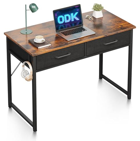 ODK Schreibtisch mit 2 Schubladen, 100x40x78.7cm Klein Schreibtisch mit Kopfhörer Halter, Bürotisch PC Tisch Officetisch für Büro, Wohnzimmer, Home Office, Braun