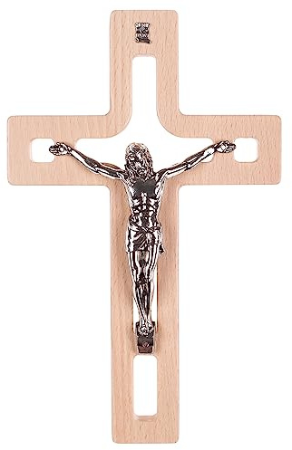 Drewniane Krzyże Hölzernes Hängendes Kreuz modern mit dem Passionskreuz Kruzifix Glatte Oberfläche Hängend Buchenholz (Natürlich, 25x16x1,6cm)