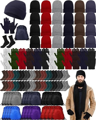 Suhine 96 Pcs Homeless Care Package Supplies Bulk Winter Beanie Hat Gloves Socks Drawstring Backpacks Bulk Item for Homeless(Colorful)