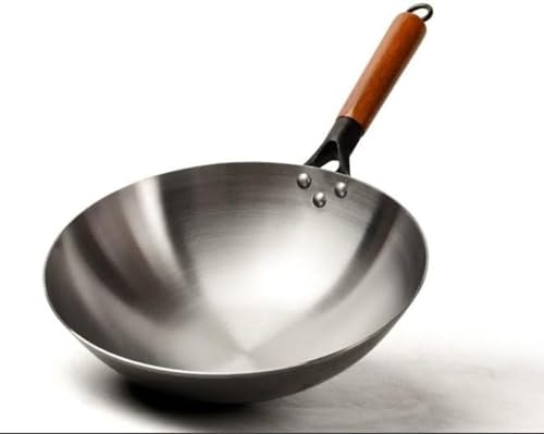 MASKIS Wok de Hierro Chino con Fondo Redondo Pow, Freidora de Estufa, Sartén de Hierro, Wok Tradicional Pre Sazonado Martillado A Mano Y Sartenes para Cocina, Olla Caliente de Metal,30 CM