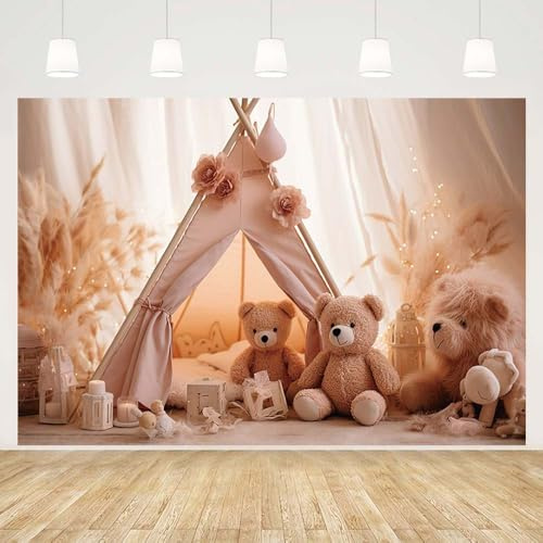 MEHOFOND Boho-Fotografie-Hintergrund, 2,1 x 1,5 m, Pampasgras, Blumen, Zelt, Bär, Dekoration, Fotohintergrund, Kindergeburtstag, Party, Kuchen, Smash, Studio-Requisite