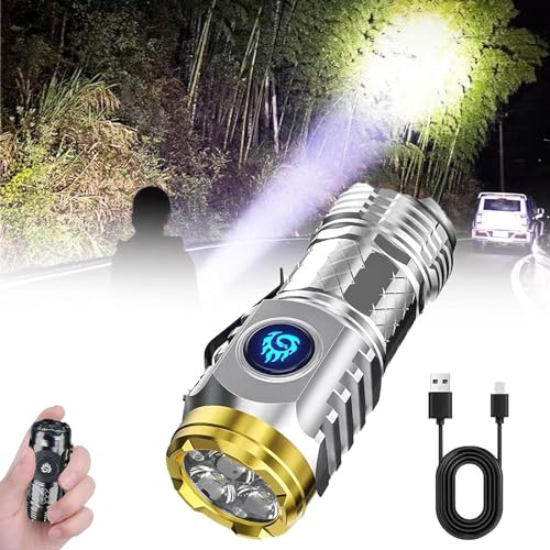 Three-Eyed Monster Mini Flashlight, Super Bright Hand Flashlight,Rechargeable LED Torch,LED Small Flashlight Torch,Portable USB Pocket Flashlight,Waterproof Pocket Torch for Outdoor(Silver)