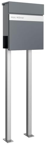 Briefkasten Manufaktur Design Standbriefkasten Kant Edition mit Zeitungsfach - Elegance 2 individuell mit Ihrem Namen - 120cm Edelstahl-Ständer (RAL 7016 anthrazitgrau)