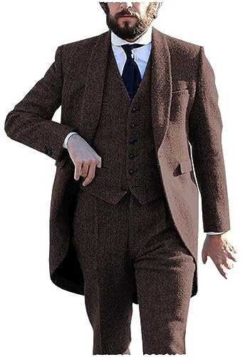Tuikayoo Tweed Herren Frack 3 Stück Herringbone Anzüge Prom Smokings Hochzeit Trauzeugen Blazer Sets（Kaffee，3XL）