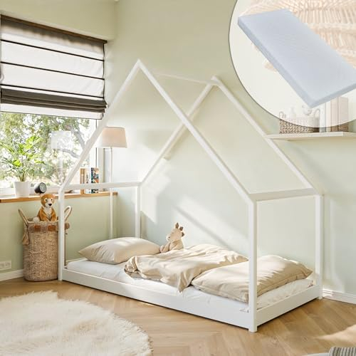 Kids Collective Hausbett Kinderbett 90x200 cm Bett mit Matratze & Lattenrost Bed Kinder Jugendbett Einzelbett Spielbett Bodenbett Himmel weiß Junge Mädchen 90x200 cm von 4. bis 18. Lebensjahr