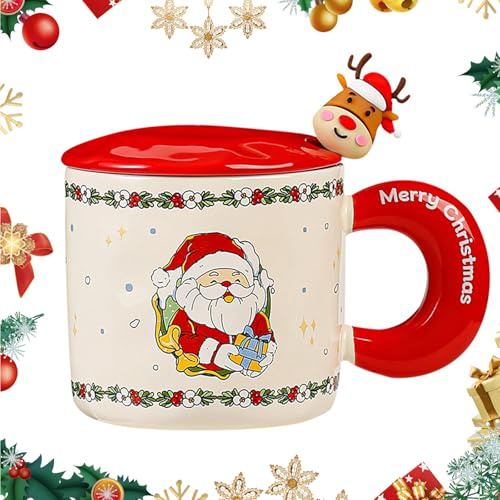 LUVDECO Una taza de café navideño, Una taza de café con tapa y cuchara, Copa de cerámica encantadora de navidad, Taza de Navidad, Tazas de café navideño para uso de oficina y hogar (B)
