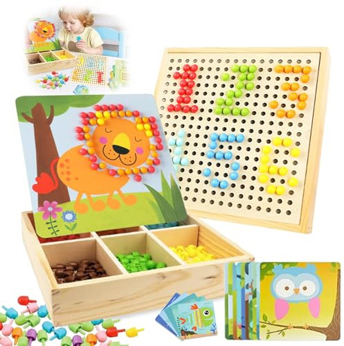 Ryvera Mosaik Steckspiel für Kinder, Spielzeug ab 2 3 4 5 Jahre Holz Mosaik Bastelset Mosaik-Steckplatte mit Steckperlen Karten, Kreative Lernspielzeug Geburtstag Geschenk für Kinder Mädchen Jungen