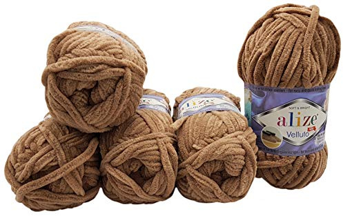 5 x 100 Gramm Ilkadim Export Velluto Strickwolle, Babywolle, 500 Gramm Strickgarn Super soft Bulky (braun 329)