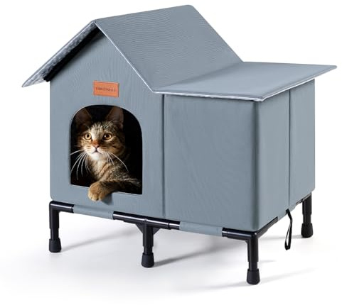 Insulated Cat Shelter Weatherproof Outdoor Cat House with Self-Warming Insulation Raised Bottom and Waterproof Roof for All-Season Protection (Grey, Large)