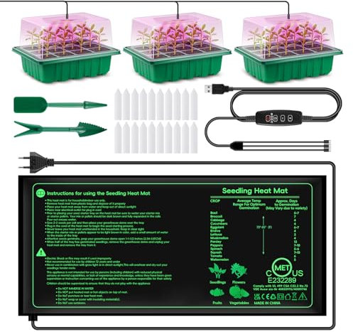 Verdenu Vassoio Germinazione con Tappeto Riscaldante, 3 Pacchetti Semenzaio con Luci di Crescita, Mini Serra Germinazione Riutilizzabile per Piante da Interno