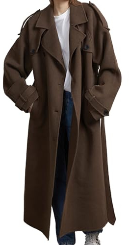 SOMTHRON Damen Winter Zweireihiger Peacoat Langarm Revers Maxi Langer Trenchcoat Mantel mit Gürtel, Braun, Medium