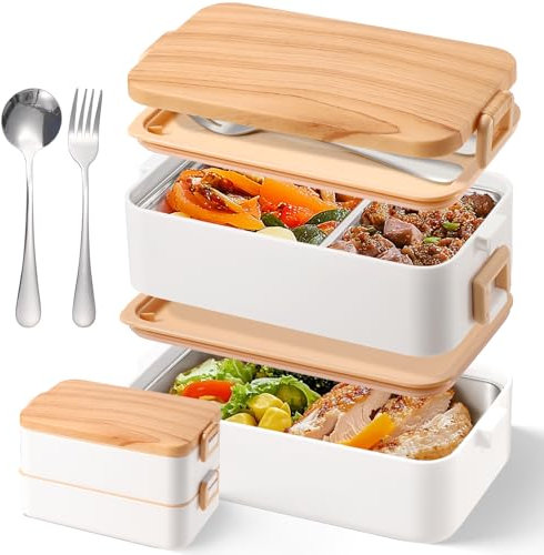 RSYWFFF LunchBox, Lunch Box für Erwachsene und Kinder, doppelte isolierte Bento Box, 950ml Edelstahl tragbare isolierte Lunch Box mit Fächern für Büro Arbeit, Schule und Familie Picknicks. (Weiß)