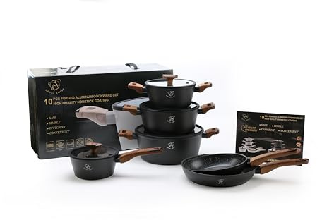 Royal Swiss® Cookware Set 10 Pieces – Pots & Pans with Removable Handles, Marble Non-Stick Coating Without PFAS, Compatible with Induction, Gas, Electric and Oven