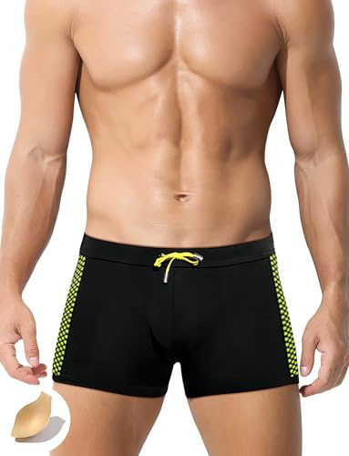 SEAUR Costume da bagno da uomo, aderente, corto, per sport acquatici, con asciugatura rapida, boxer, slip da bagno, con imbottitura rimovibile e coulisse - EU S-XL=Tag.No M-XXL, Nero , M