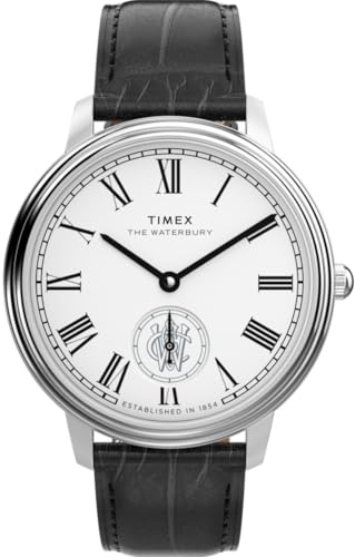 Timex Waterbury Metropolitan Sub-Second TW2Y23100 - Orologio da uomo da 39 mm, cinturino in pelle nera con quadrante argentato e cassa in acciaio inossidabile