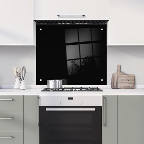 Black Glass Kitchen Splashback Splatter Screen 6mm Toughened Polished Edge Glass Fittings Included (60 x 65cm)
