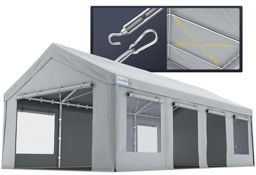 Quictent Heavy Duty 13x25 ft Carports with Side Zipper Doors & Snowproof Steel Cables & Ventilated Windows, Waterproof Storage Shelter for Car, Boat, RV, Outdoor Equipment, Gray