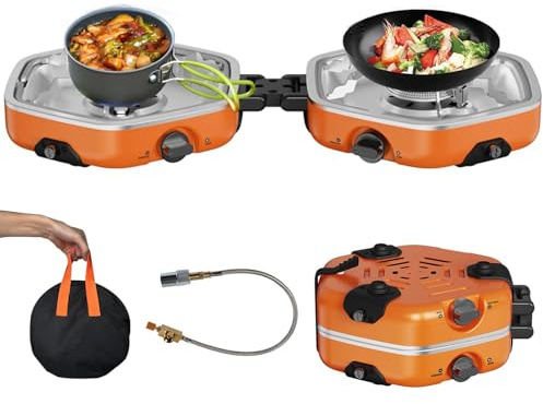 Portable Camping Stove, 17000 BTU Gas Grill with 2 Adjustable Burners & Piezo Ignition, Ideal for Cooking, Hiking, Camping, Trekking, Picnic