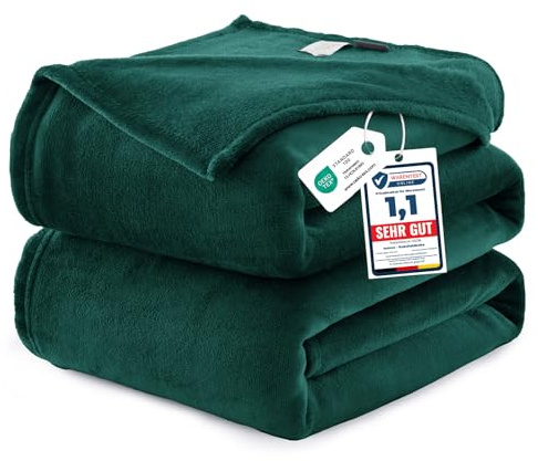 WAVVE Pläd filt flanell fleece 260 gsm - 220x240 cm, mörkgrön - Pled lurvig soffa king dubbelsäng 240x220 - varmt och mjukt sofföverdrag i mikrofiber
