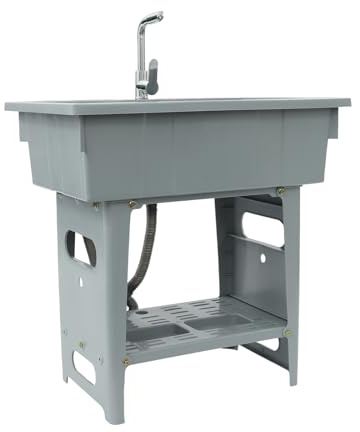 Laundry Sink with Faucet, Freestanding Deep Utility Tub with Washboard & Storage Shelf, 110 lbs Capacity Plastic Laundry Tub for Washing Clothes, Pet Bathing, Outdoor, Garage, Kitchen (Grey)