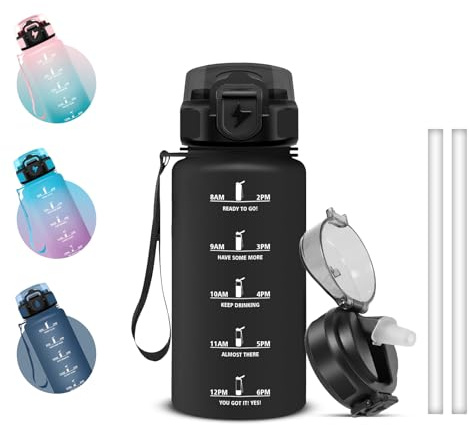 Grsta Botella Agua, 500ml Botella Agua con Pajita, Cantimplora con Marcador de Tiempo, Diseño de Cerradura, Cantimplora A Prueba de Fugas para Guardería, Bicicleta, Escuela
