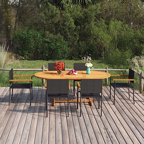 QJBSAVVA Ensemble de jardin 7 pièces - Noir - En bois d'acacia et rotin - 150-200 x 100 x 74 cm - Table à bière pliable avec 6 chaises - Pour balcon, terrasse et camping