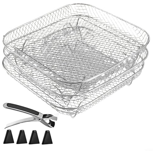 Yelvera Air Fryer Rack Set 3 Layers Stainless Steel Stackable Dehydrator Racks Mesh Basket Rack For Air Fryer Steamer Oven(Square)