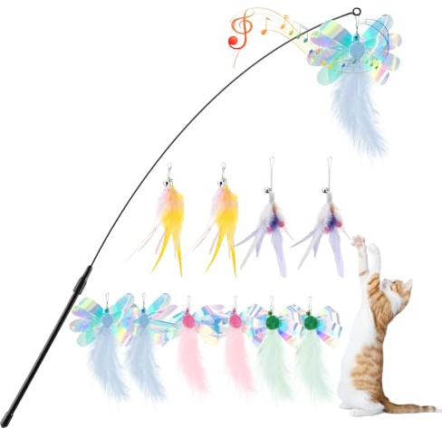 Pawaboo Jouet interactif pour Chat Baguette à Plumes 1 Baguette+10 Plumes | Jouet canne à plumes pour chat – Baguette extra-longue (34,5 po) pour jeu et exercice, Colorée