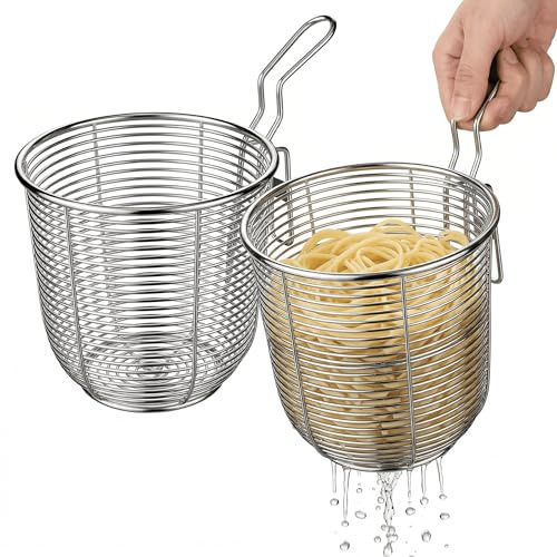 JOINPAYA 2 Pack Stainless Steel Mesh Strainer Basket with Hook Handle, Fine Colander for Noodle Strainer Dumplings, Deep Frying French Fries Boiling Pasta Hotpot, Kitchen Cooking Tool